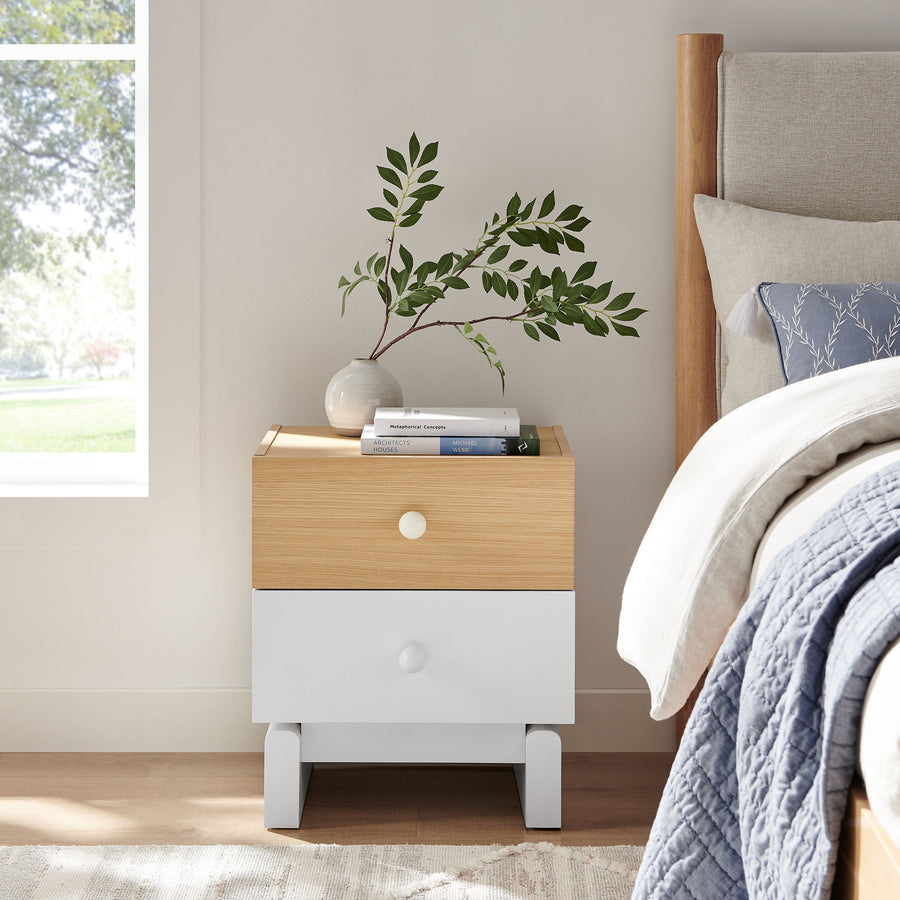 Sateen 2-Drawer Color Block Nightstand in Oak White