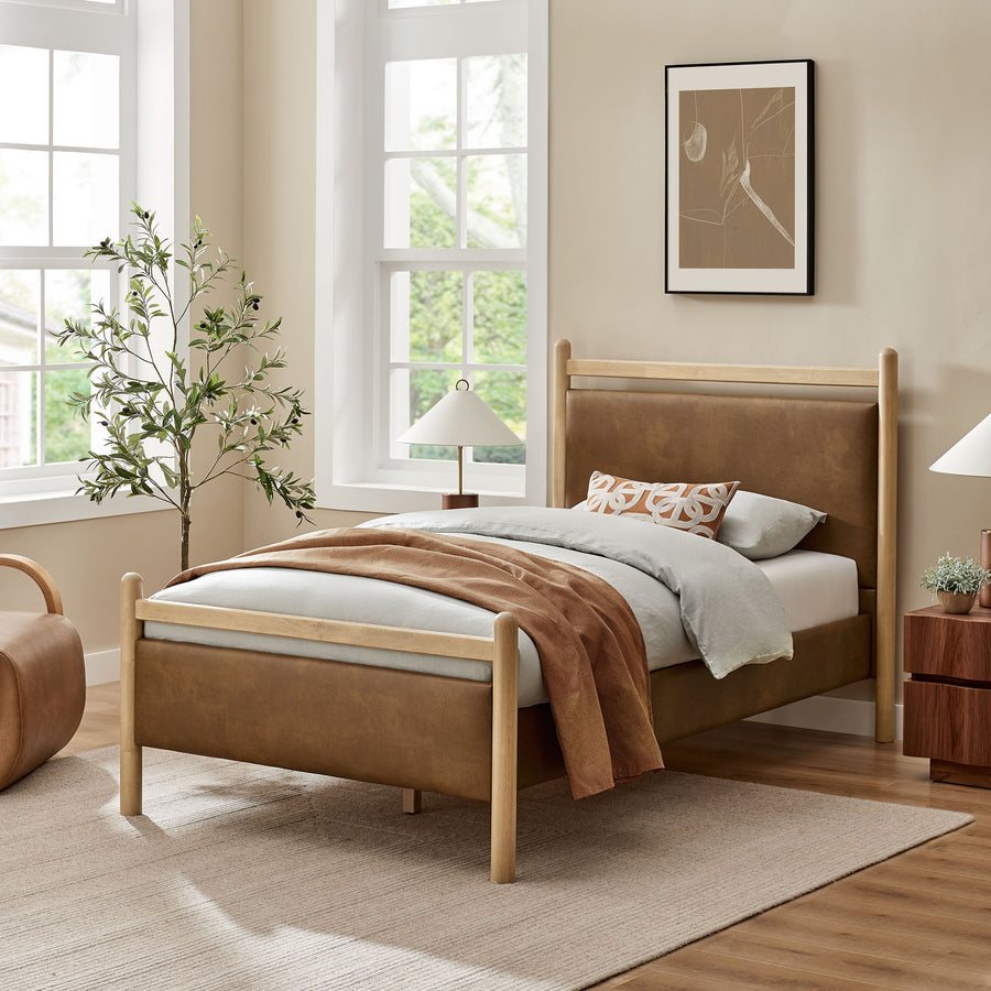 Flax Twin Size Vegan Leather Platform Bed Frame in Light Oak Canyon