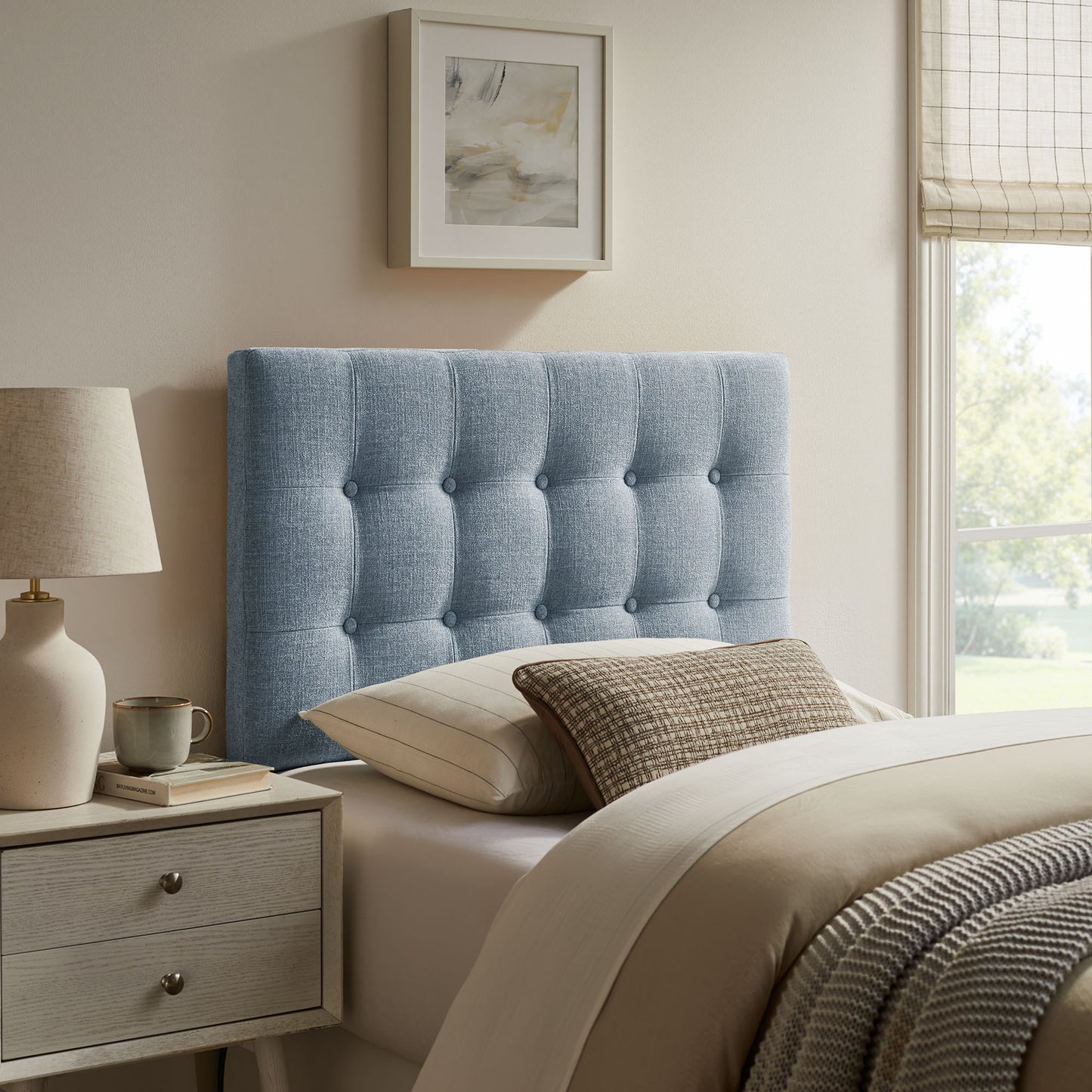 Vale Fabric Upholstered Twin Size Headboard in Sky Blue