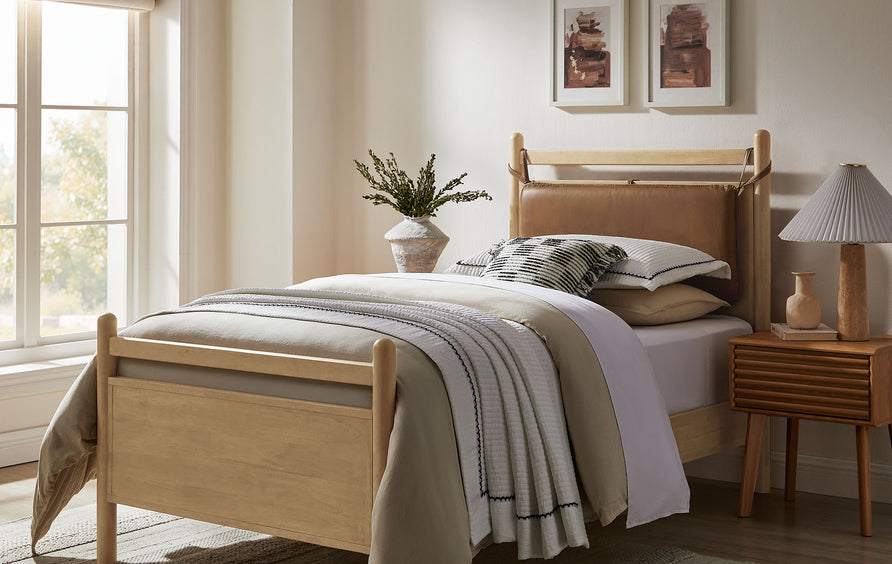 Loom Twin Size Vegan Leather and Wood Platform Bed Frame in Light Oak Canyon