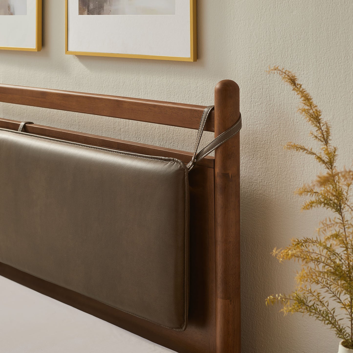 Loom Queen Size Vegan Leather and Wood Platform Bed Frame in Walnut Mushroom