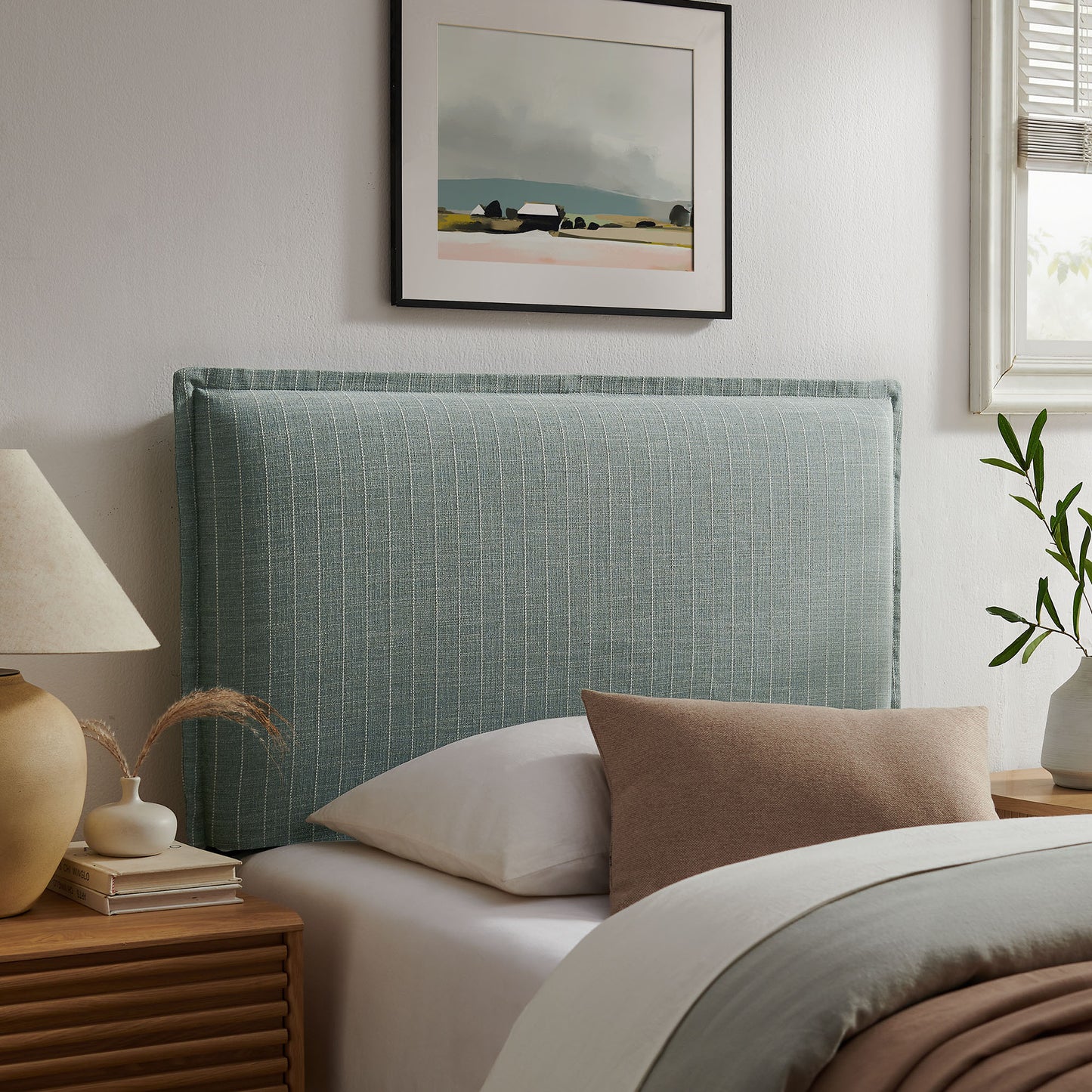 Slate Striped Linen Blend Twin Size Headboard in Spa Blue Stripe