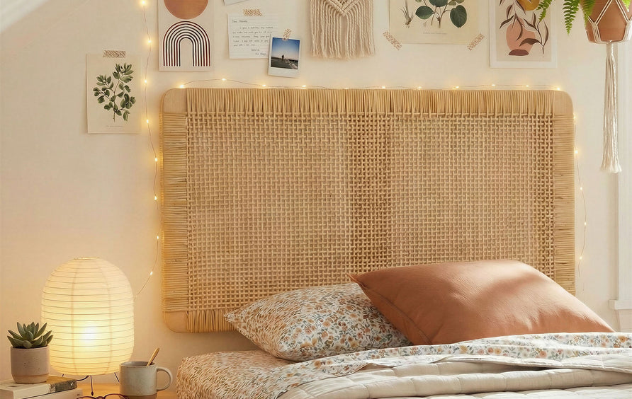 Toile Wall Mounted Wood and Rattan Twin Size Headboard in Natural Rattan