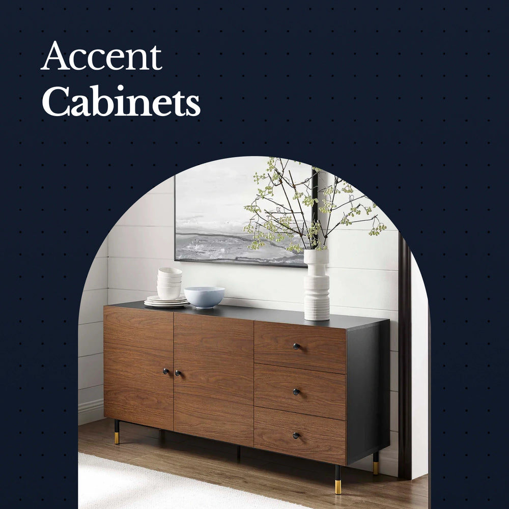 Wooden accent cabinet with decorative items in a room setting, labeled 'Accent Cabinets'.