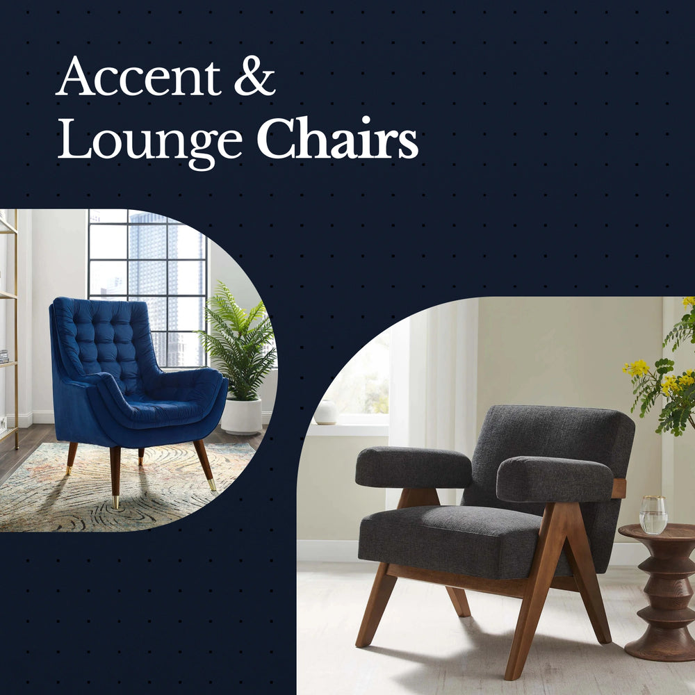 Two lounge chairs, one blue and one gray, in a room setting with text 'Accent & Lounge Chairs'.
