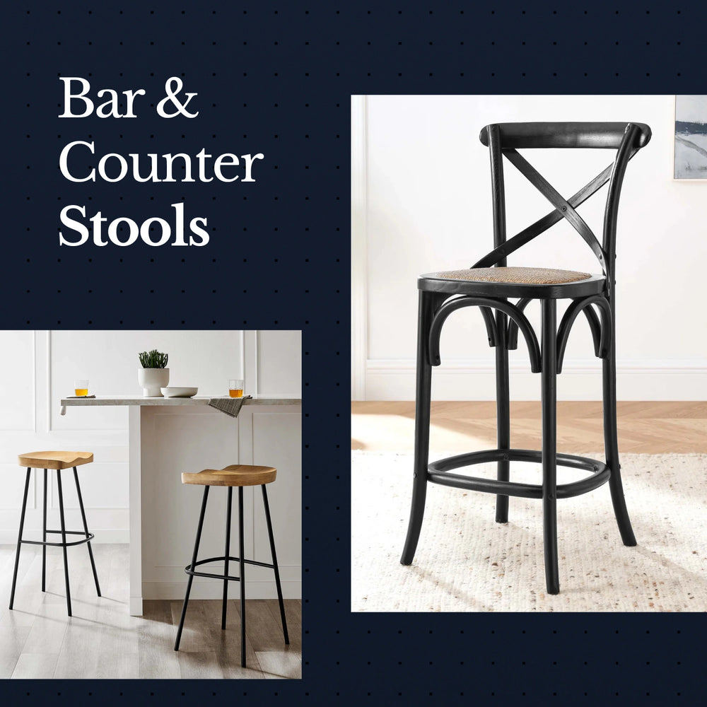 Bar and counter stools with a focus on a black metal stool with a wooden seat.