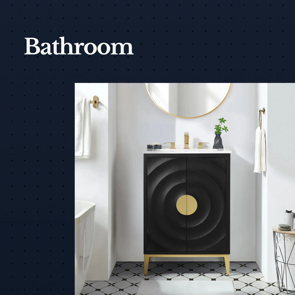 Bathroom with a black cabinet featuring gold accents