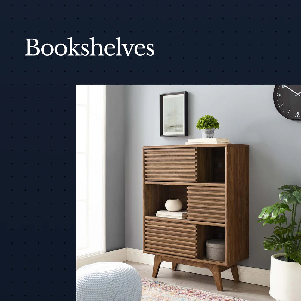 Wooden bookshelf in a room with plants and a clock on a blue background with 'Bookshelves' text.