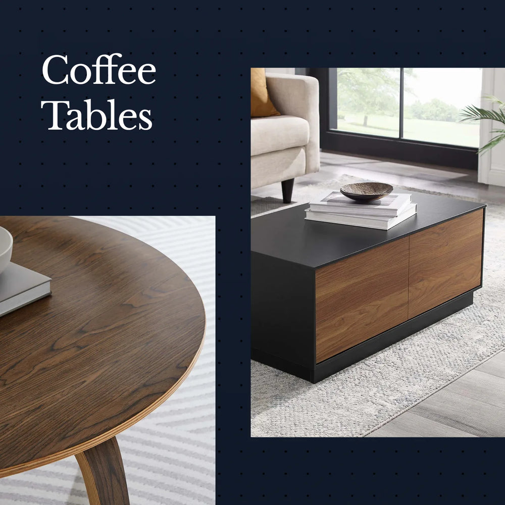 Two coffee tables, one round wooden and one rectangular with wood and black finish, in a living room setting.