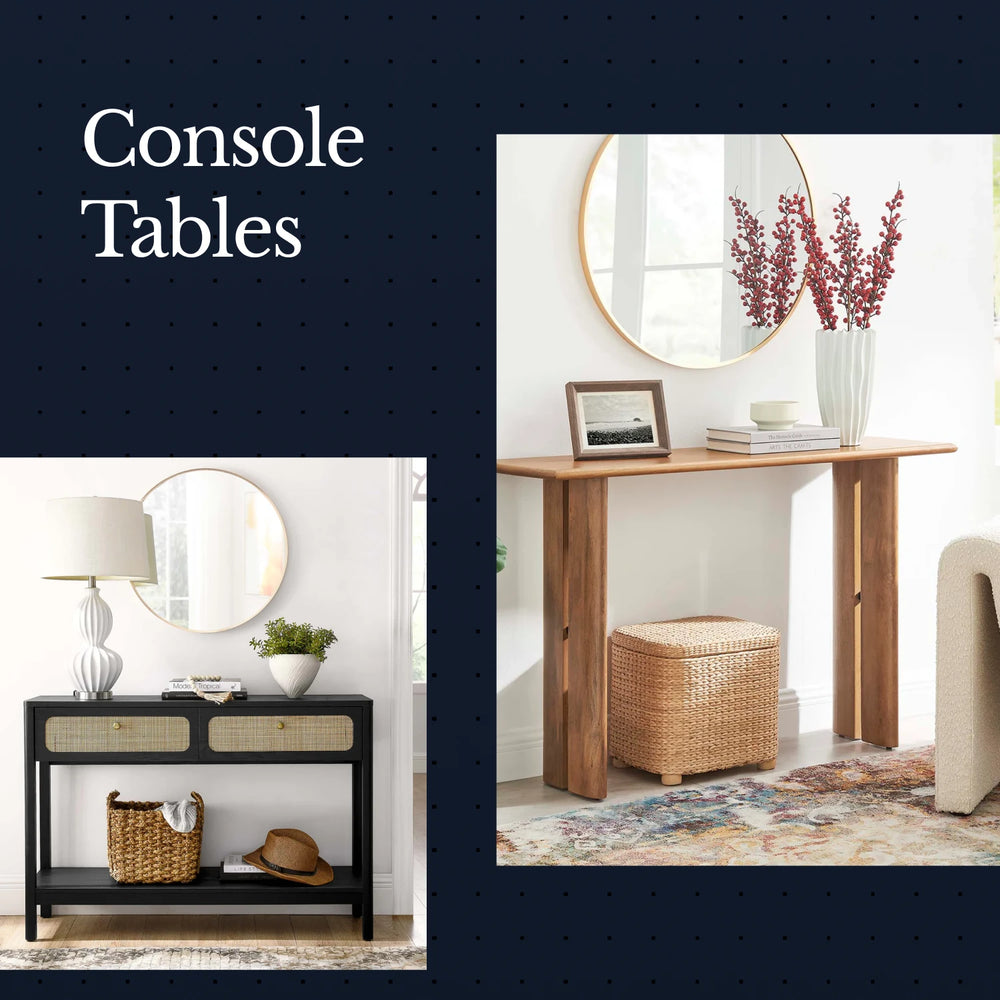 Two console tables with decorative items in a home setting.