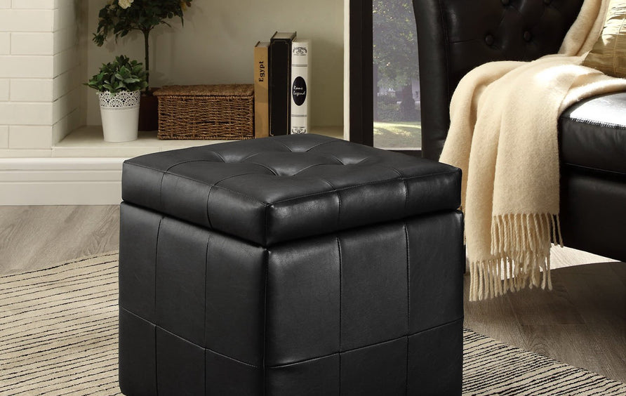 Falun Storage Upholstered Vinyl Ottoman in Black