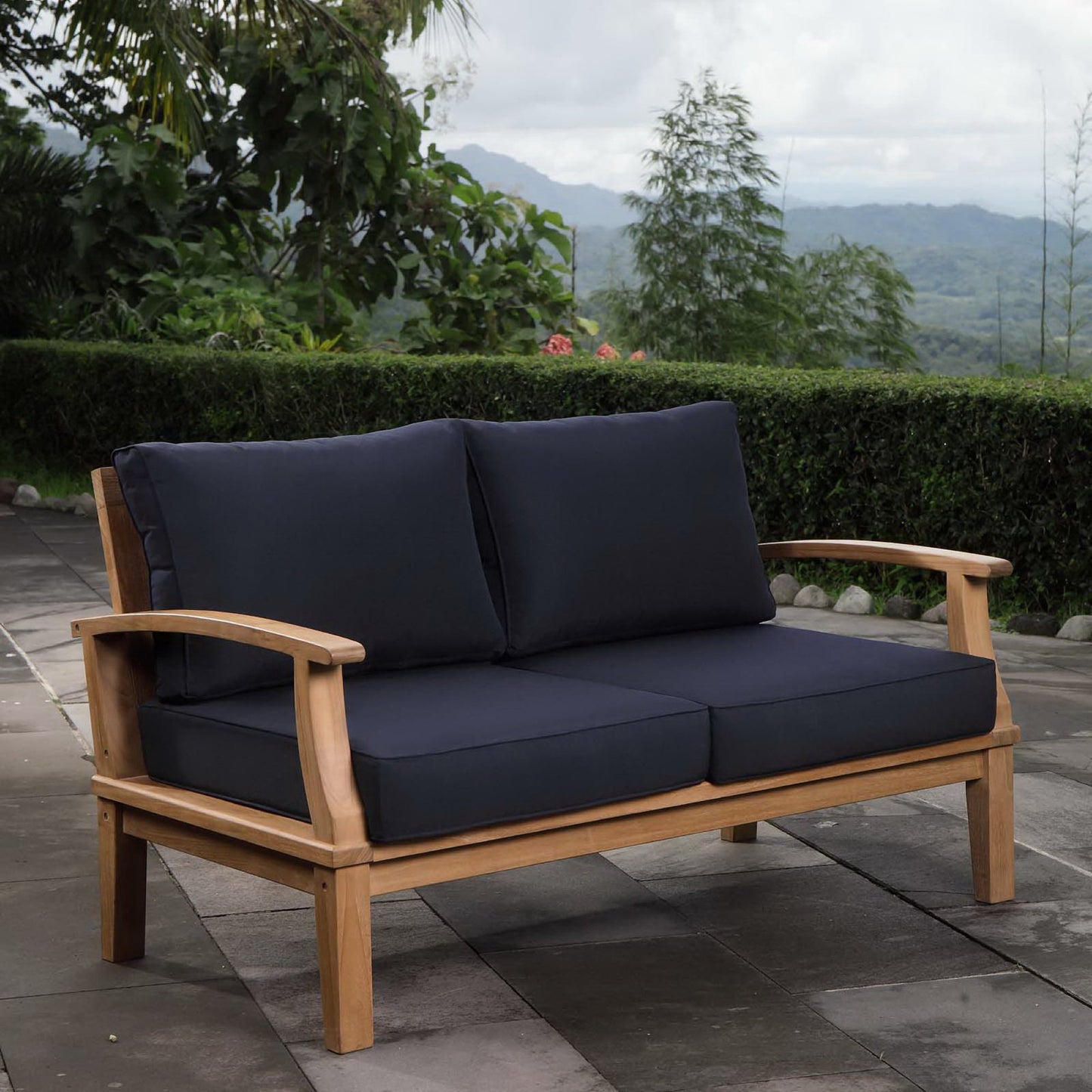 Cove Outdoor Patio Teak Loveseat in Natural Navy
