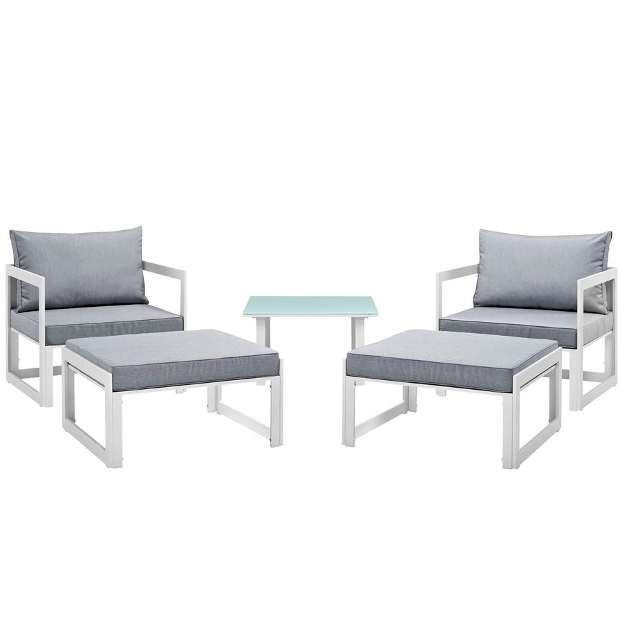 Lotus 5 Piece Outdoor Patio Sectional Sofa Set in White Gray