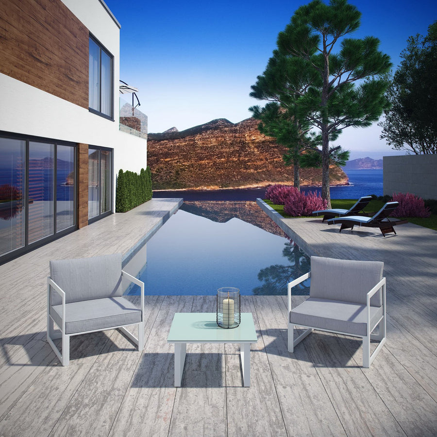 Lotus 3 Piece Outdoor Patio Sectional Sofa Set in White Gray