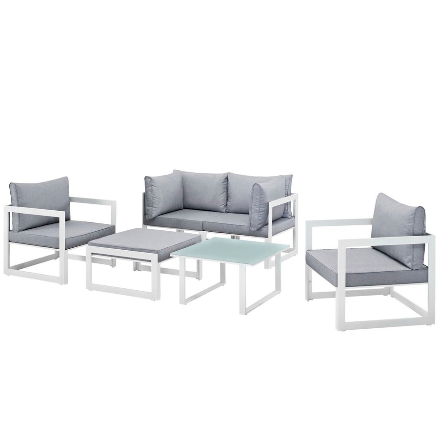 Lotus 6 Piece Outdoor Patio Sectional Sofa Set in White Gray