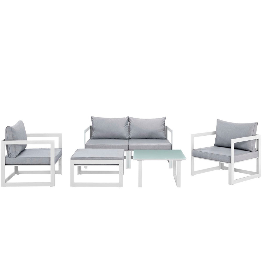 Lotus 6 Piece Outdoor Patio Sectional Sofa Set in White Gray