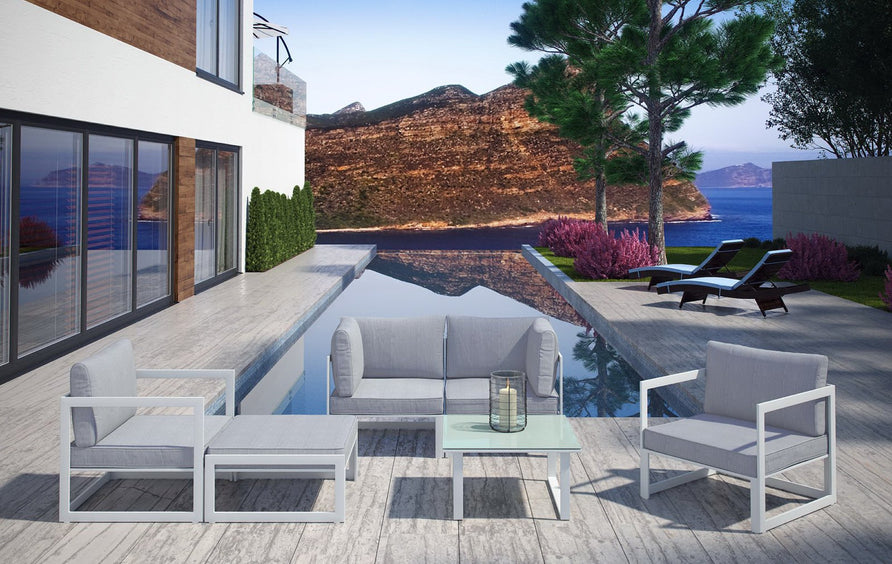 Lotus 6 Piece Outdoor Patio Sectional Sofa Set in White Gray