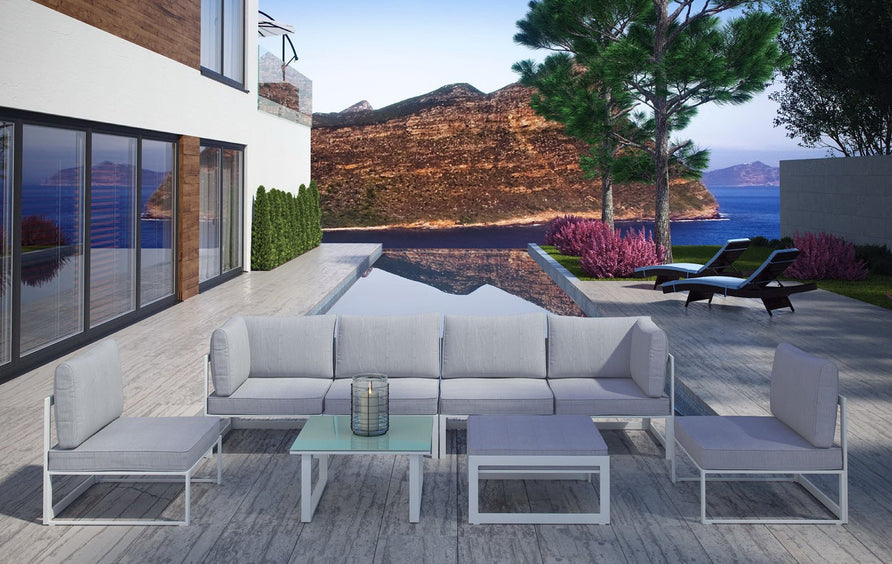 Lotus 8 Piece Outdoor Patio Sectional Sofa Set in White Gray