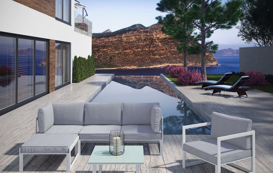 Lotus 6 Piece Outdoor Patio Sectional Sofa Set in White Gray