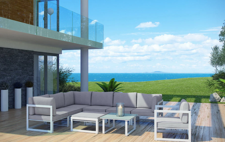 Lotus 9 Piece Outdoor Patio Sectional Sofa Set in White Gray