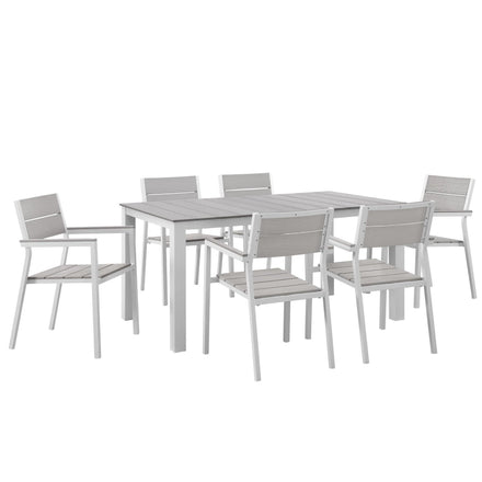 Maine 7 Piece Outdoor Patio Dining Set in White Light Gray