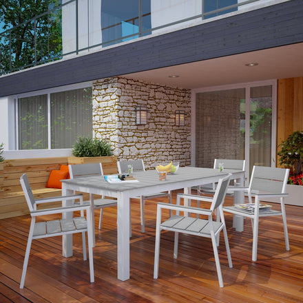 Maine 7 Piece Outdoor Patio Dining Set in White Light Gray
