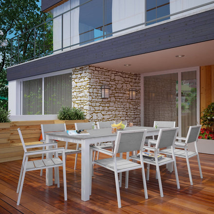 Maine 9 Piece Outdoor Patio Dining Set in White Light Gray