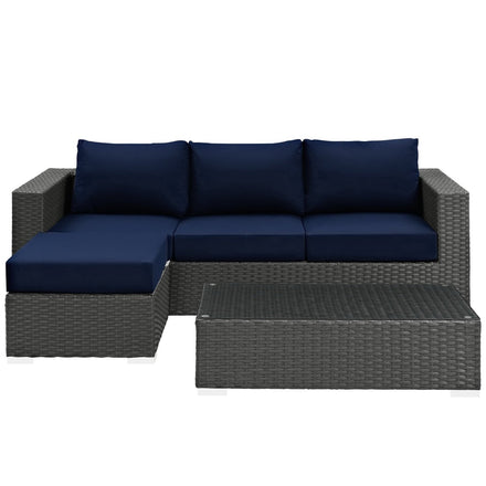 Sojourn 3 Piece Outdoor Patio Sunbrella® Sectional Set in Canvas Navy
