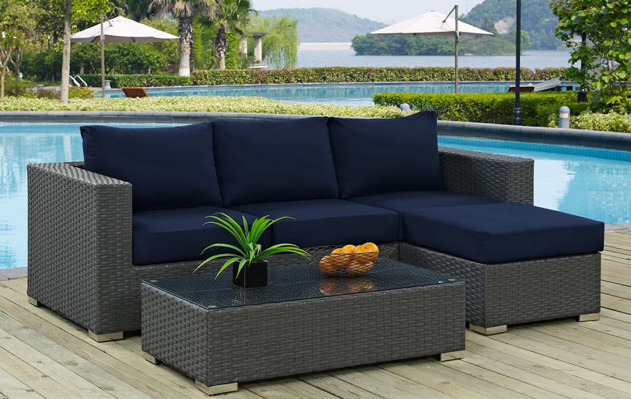Pewter 3 Piece Outdoor Patio Sunbrella® Sectional Set in Canvas Navy