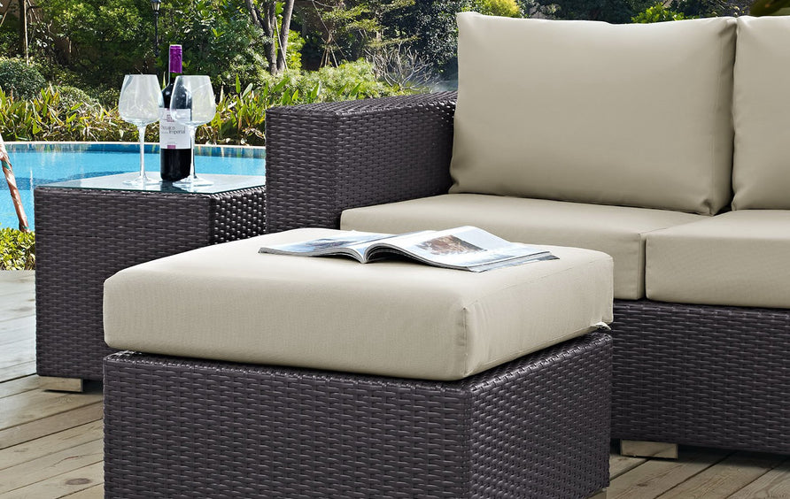 Sienna Outdoor Patio Fabric Square Ottoman in Espresso Beige