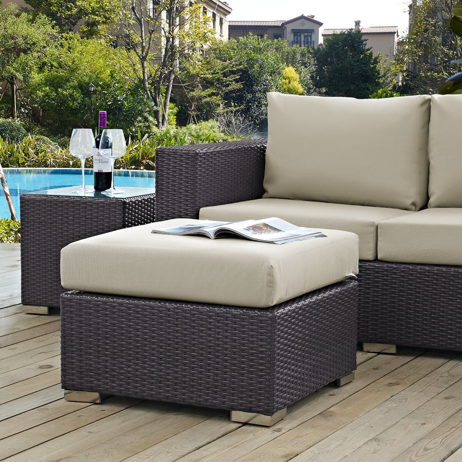 Sienna Outdoor Patio Fabric Square Ottoman in Espresso Beige