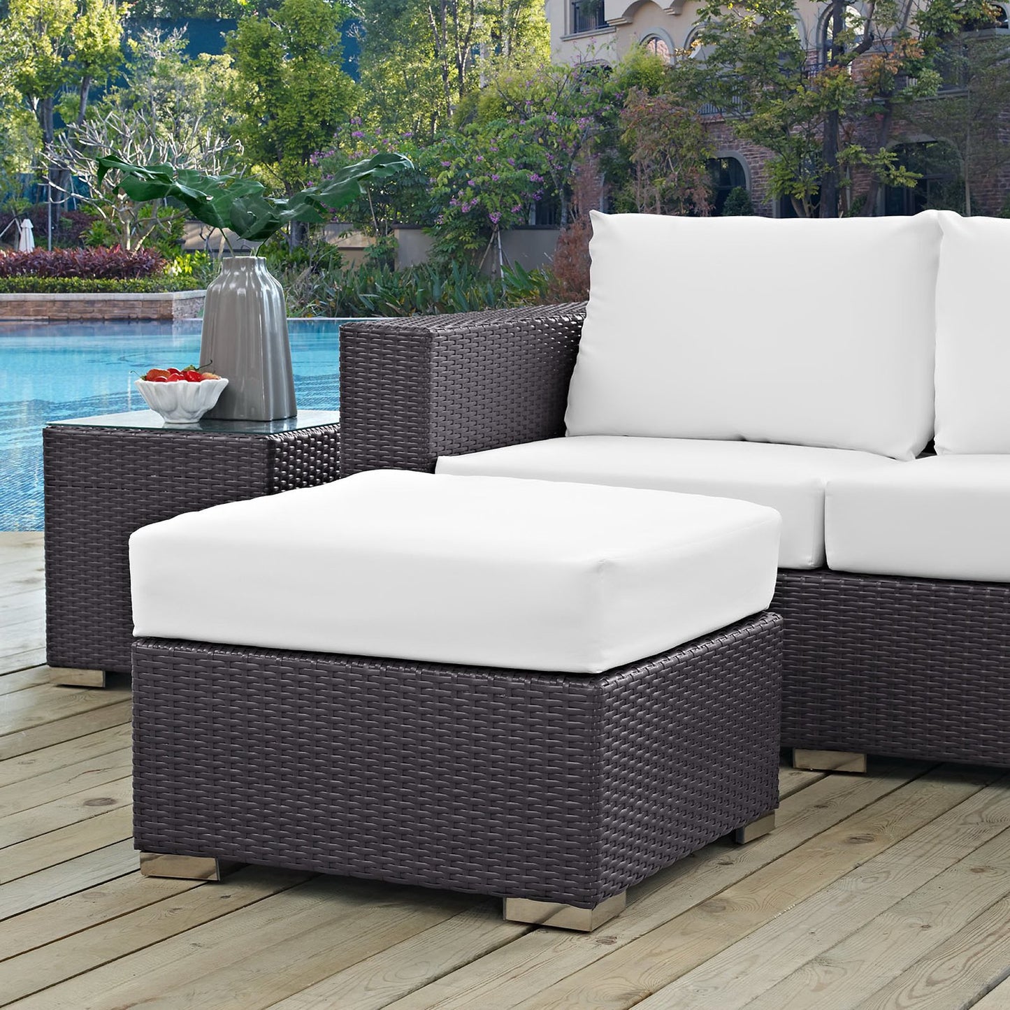 Sienna Outdoor Patio Fabric Square Ottoman in Espresso White
