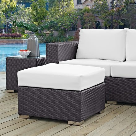 Convene Outdoor Patio Fabric Square Ottoman in Espresso White