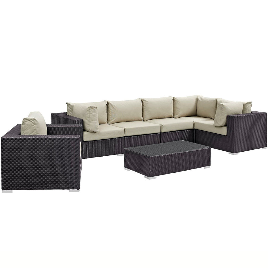 Sienna 7 Piece Outdoor Patio Sectional Set in Espresso Beige