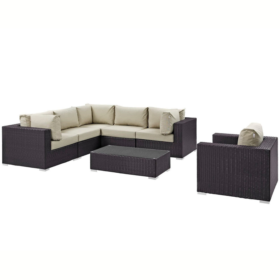 Sienna 7 Piece Outdoor Patio Sectional Set in Espresso Beige