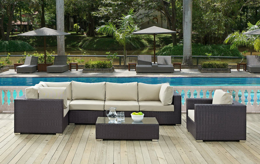 Sienna 7 Piece Outdoor Patio Sectional Set in Espresso Beige
