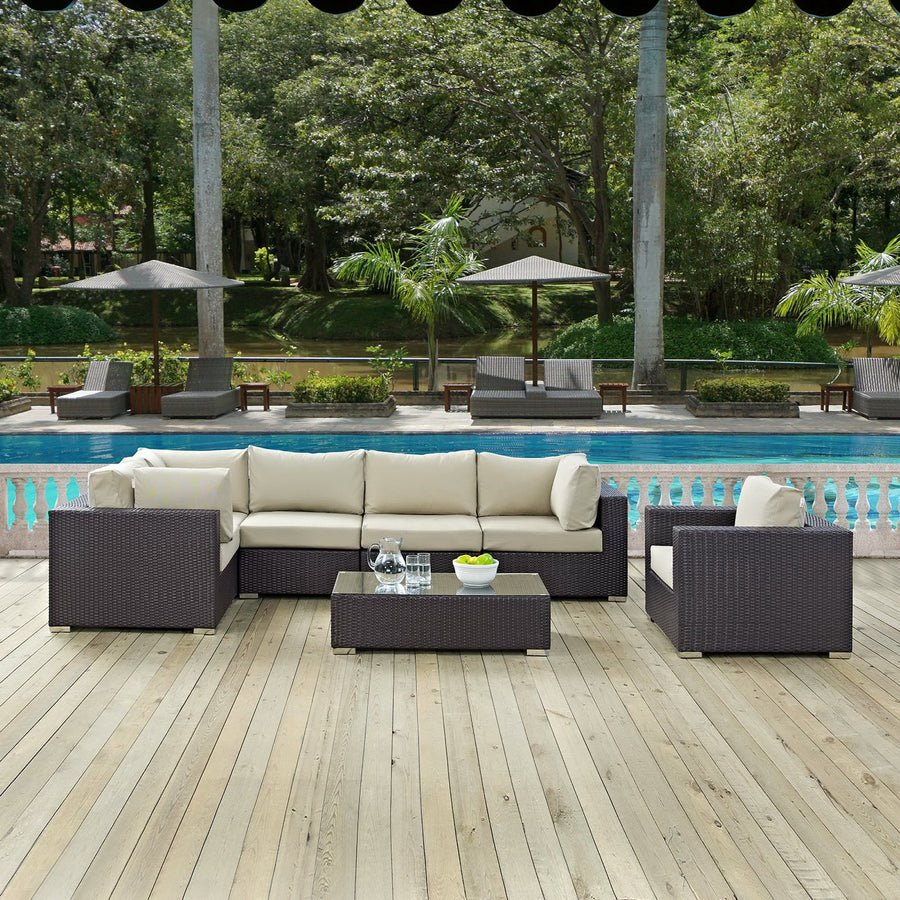 Sienna 7 Piece Outdoor Patio Sectional Set in Espresso Beige