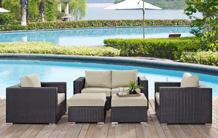 Sienna 5 Piece Outdoor Patio Sofa Set in Espresso Beige