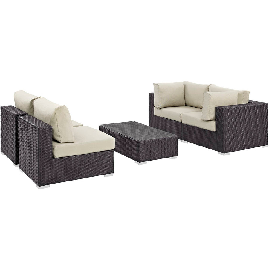 Sienna 5 Piece Outdoor Patio Sectional Set in Espresso Beige