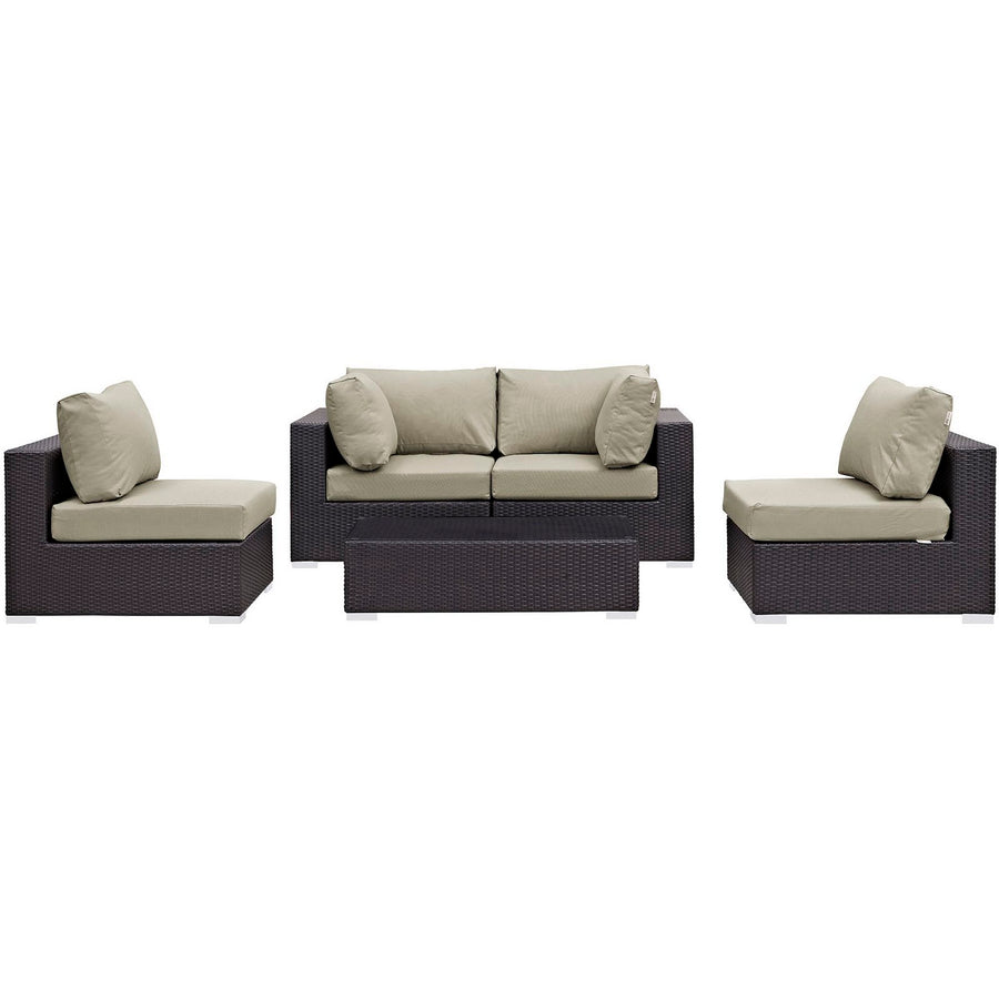 Sienna 5 Piece Outdoor Patio Sectional Set in Espresso Beige
