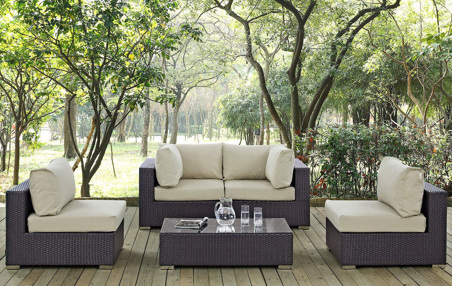 Sienna 5 Piece Outdoor Patio Sectional Set in Espresso Beige