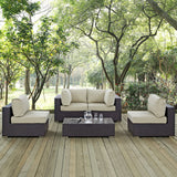 Sienna 5 Piece Outdoor Patio Sectional Set in Espresso Beige