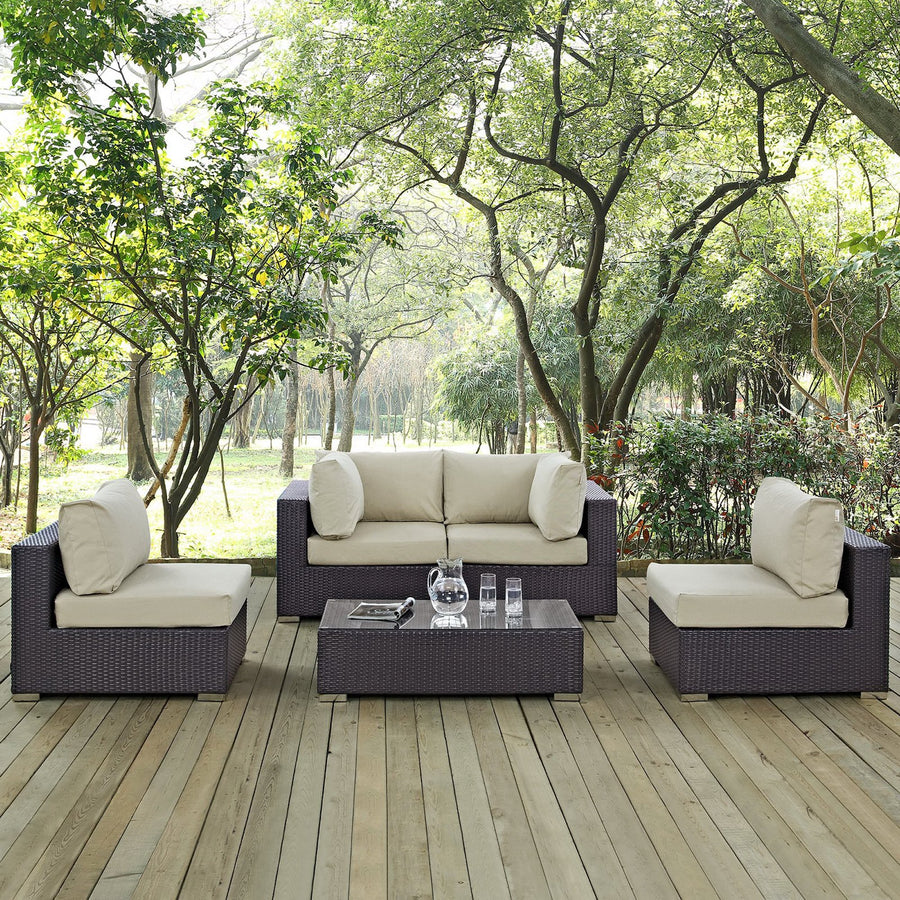 Sienna 5 Piece Outdoor Patio Sectional Set in Espresso Beige
