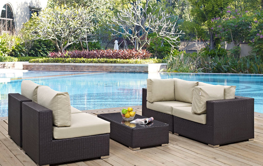 Sienna 5 Piece Outdoor Patio Sectional Set in Espresso Beige