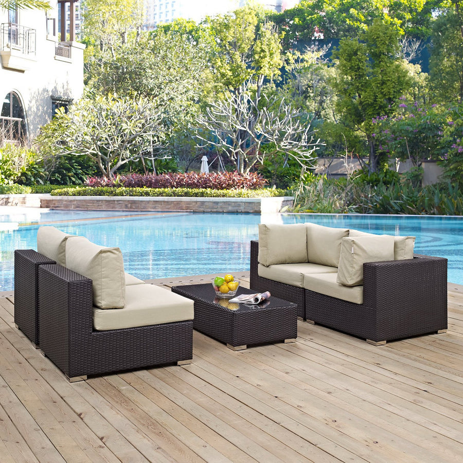 Sienna 5 Piece Outdoor Patio Sectional Set in Espresso Beige