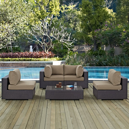 Convene 5 Piece Outdoor Patio Sectional Set in Espresso Mocha