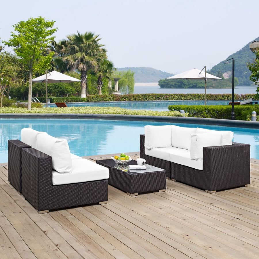 Sienna 5 Piece Outdoor Patio Sectional Set in Espresso White