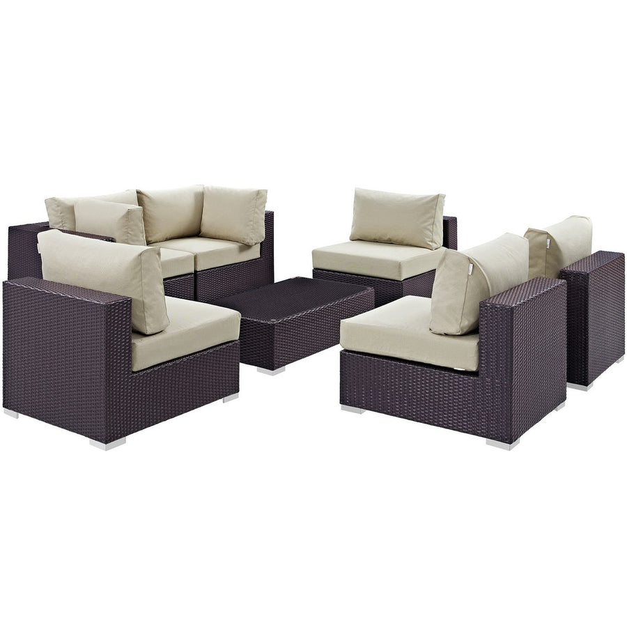 Sienna 7 Piece Outdoor Patio Sectional Set in Espresso Beige