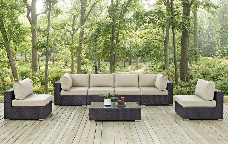 Sienna 7 Piece Outdoor Patio Sectional Set in Espresso Beige