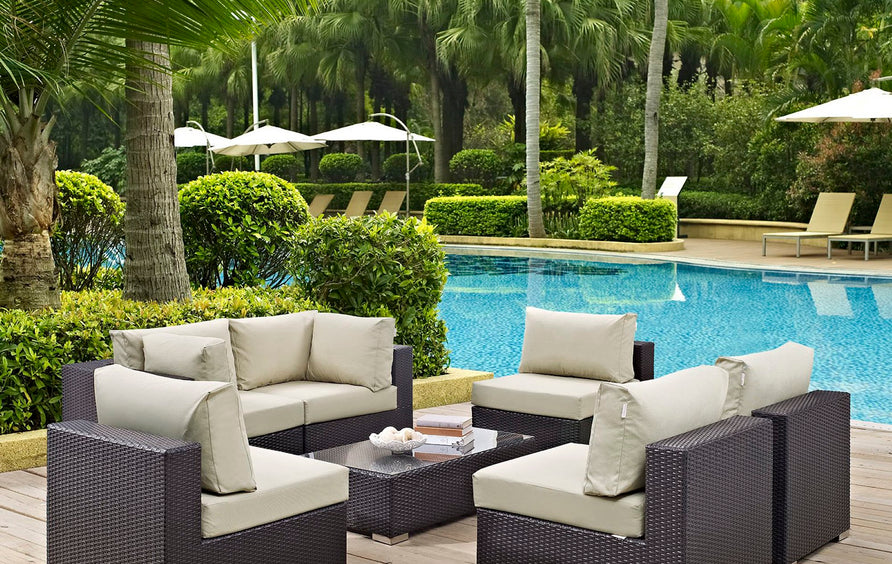 Sienna 7 Piece Outdoor Patio Sectional Set in Espresso Beige